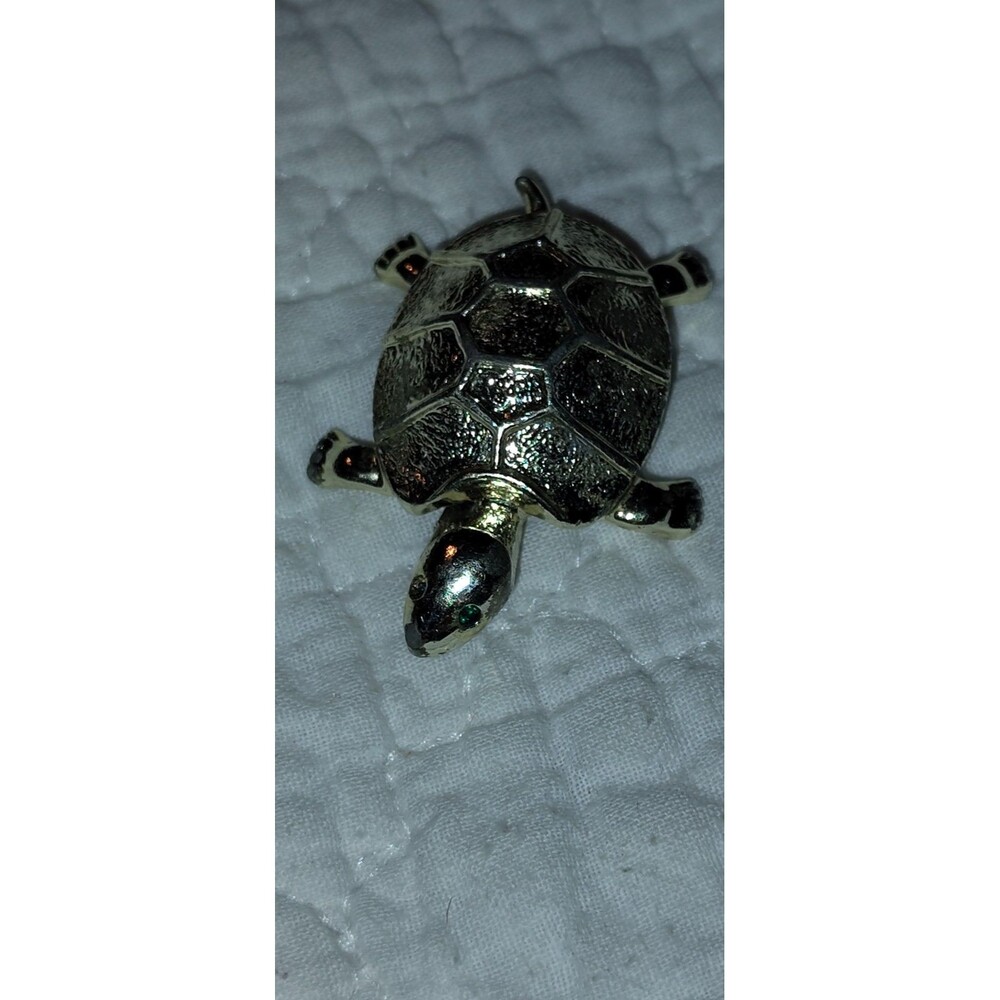 Vintage Turtle Pendant Silver Tone Patina MCM Sea Life Reptile Green Eyes